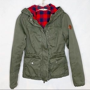 Hollister plaid lined, army green utility jacket